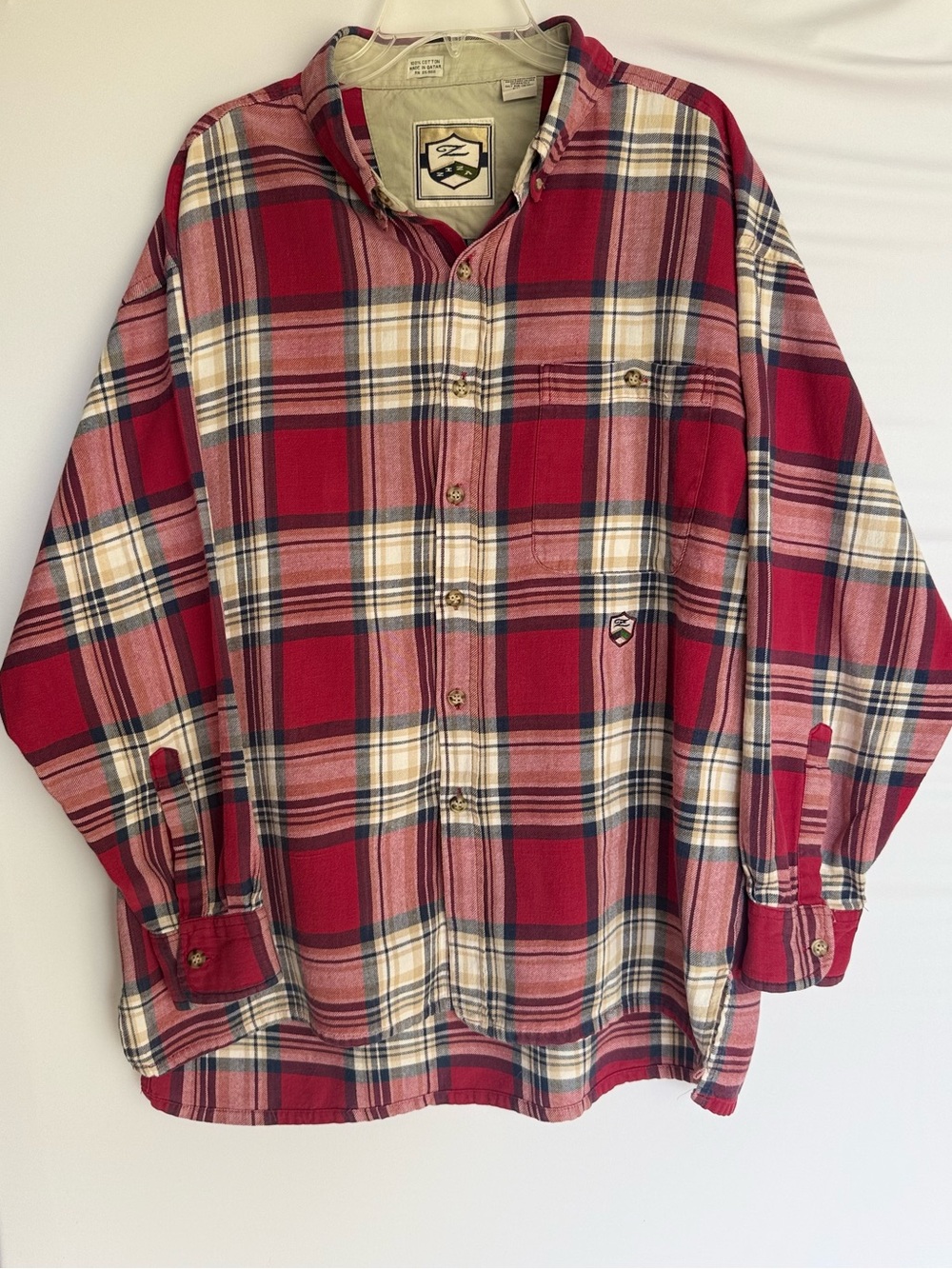 Ziza Men's Red Navy Beige Plaid Button-Up Shirt Vintage 1990s 100% Cotton
